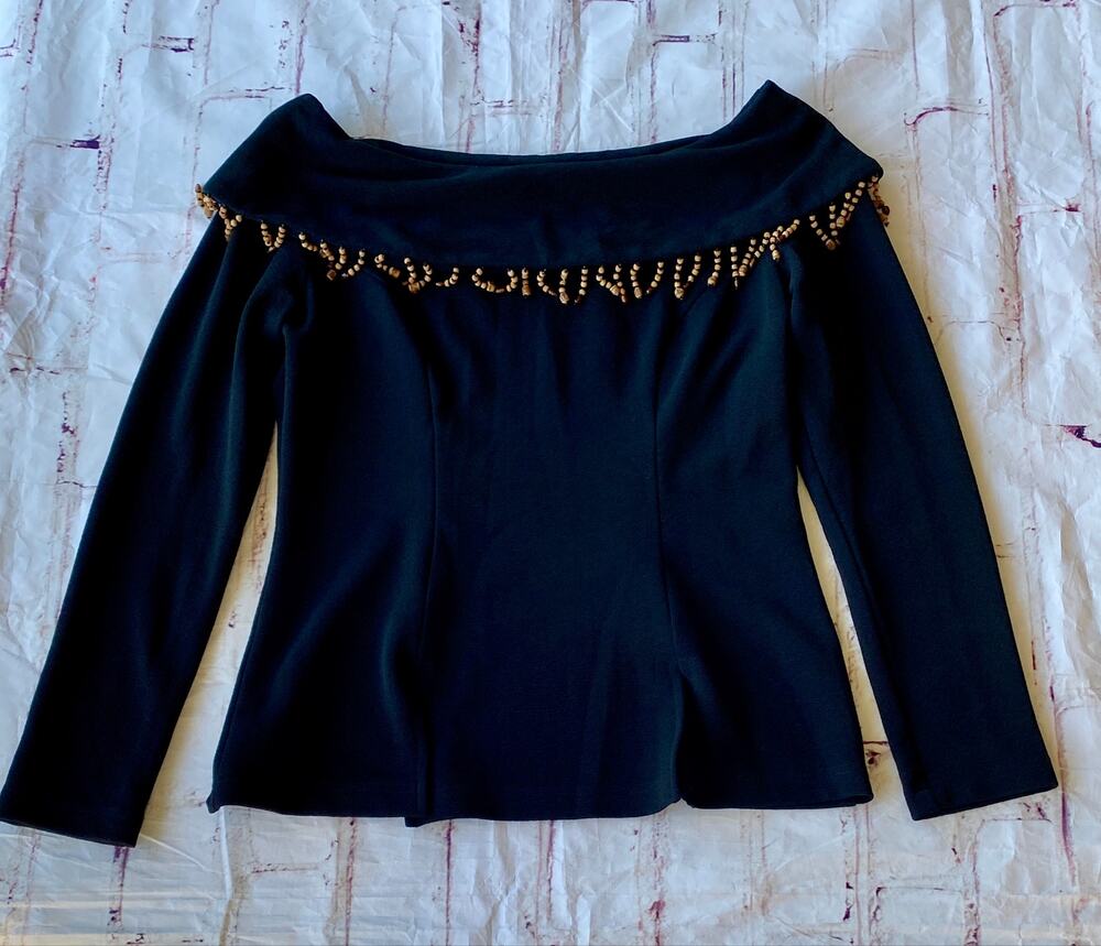 90s Nicole Studio New York Black Off Shoulder Beaded Top Petite 8 Made in USA